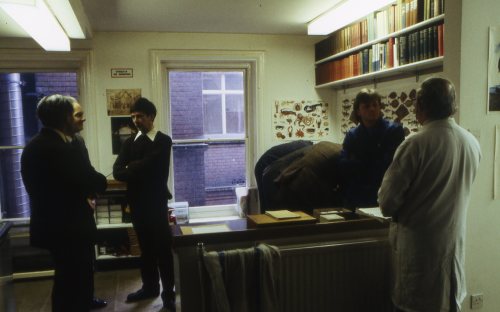 Left to right: My father Alfred W. Jones (back towards the camera), A.A. Allen (just peeking out), Peter Hodge (arms crossed), Mark Colville and Eric Philp. Not sure who are the three bods stooping over a display at the back of the room.