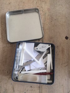 This is my portable laboratory. It contains everything I need: hand lens, pins, gum, fine paint-brushes, card, mounting strips, tweezers.
